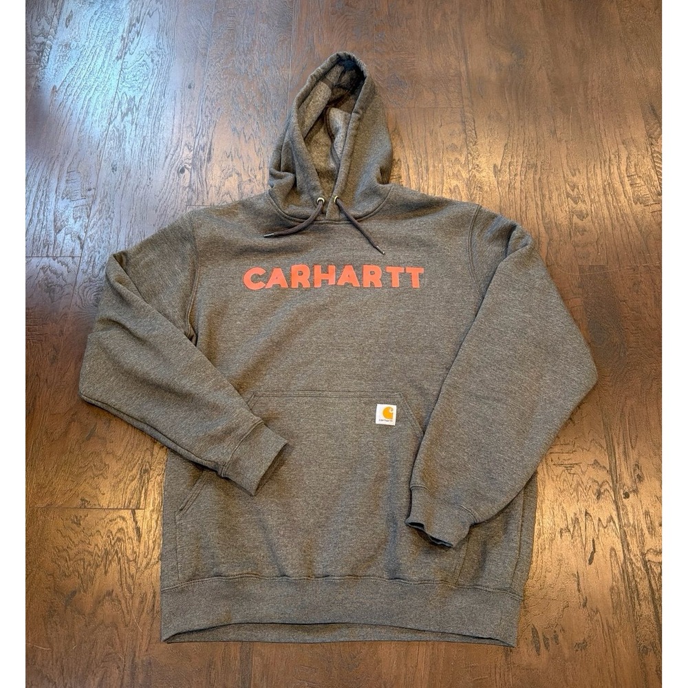 Carhartt Loose Fit‎ Hoodie Mens Large Gray Orange Logo Pullover Sweatshirt